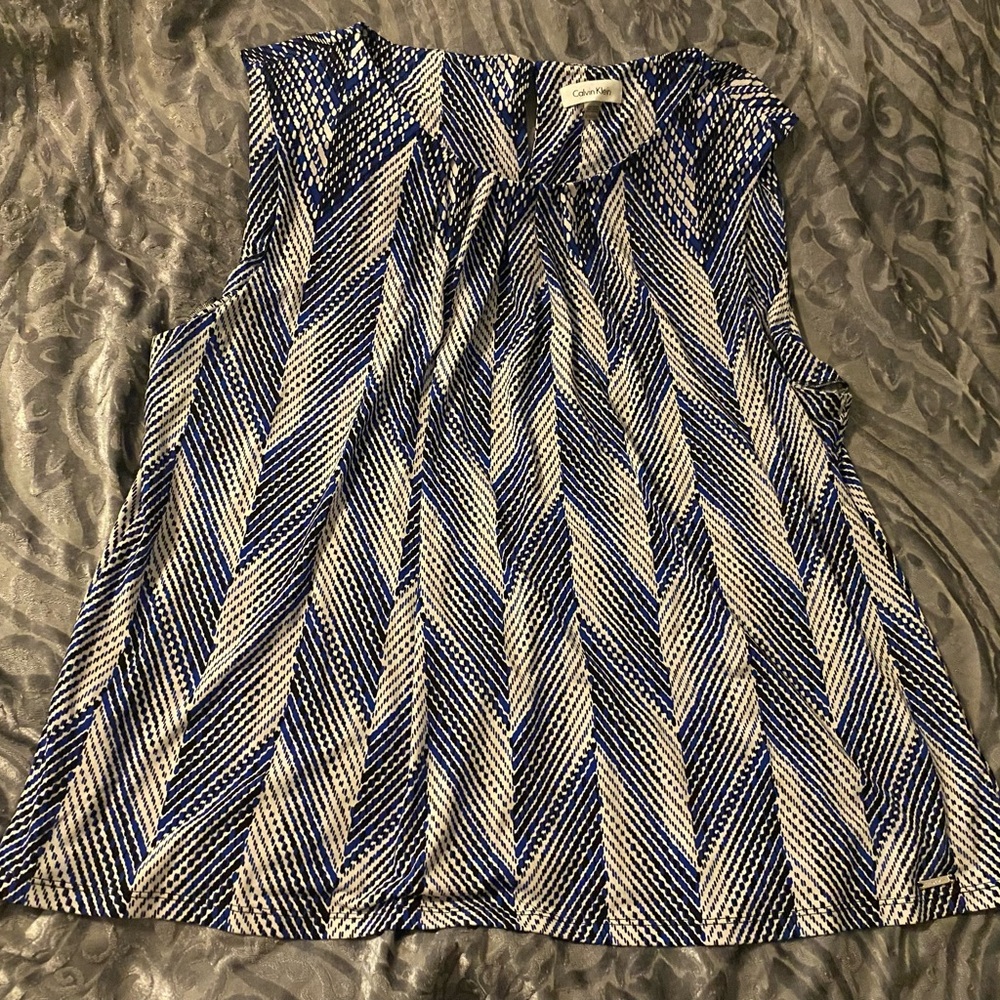 Calvin Klein Blue and White Sleeveless Pleated Blouse
